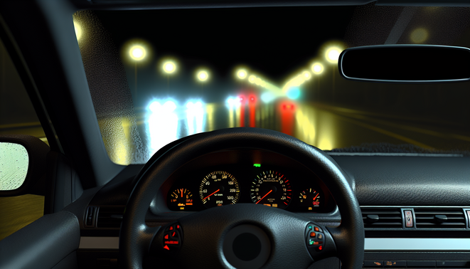 Photorealistic night driving scene showcasing a responsible driver, illuminated dashboard, and wet road ahead.