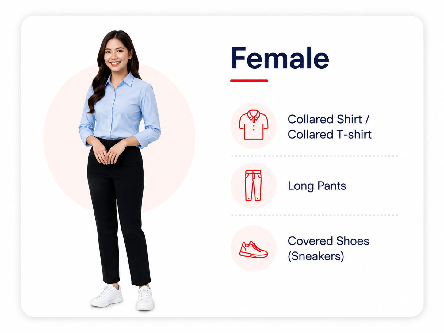 Female SDC driving-school dress code: collared shirt, long pants and covered shoes