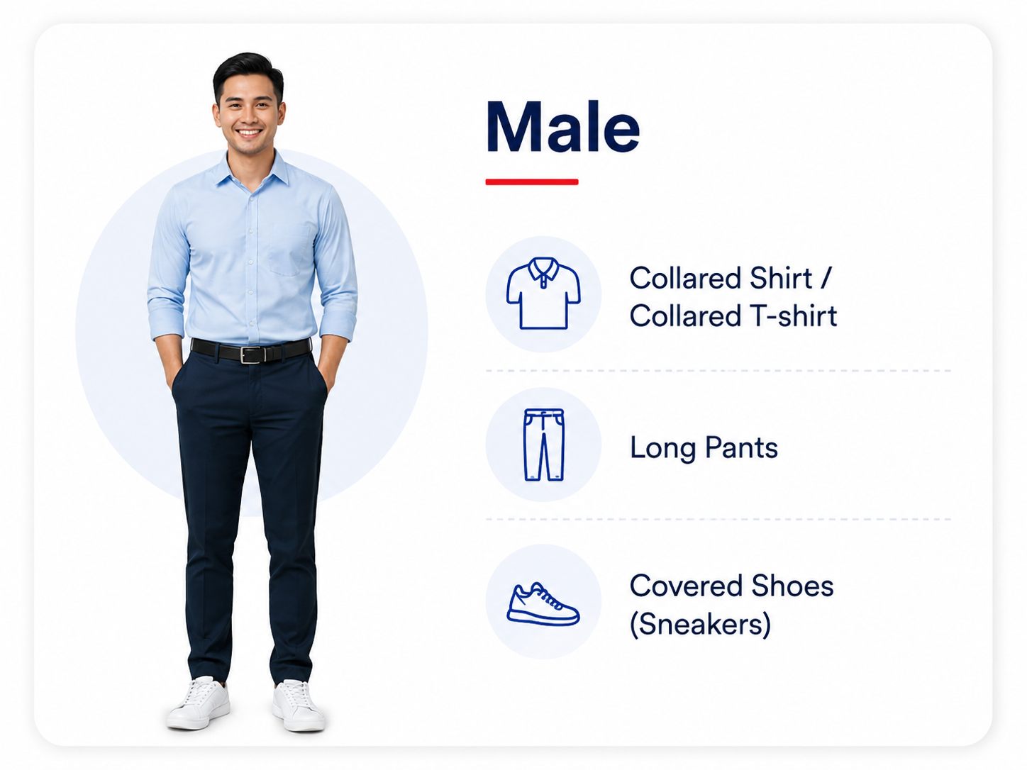 Male SDC driving-school dress code: collared shirt, long pants and covered shoes
